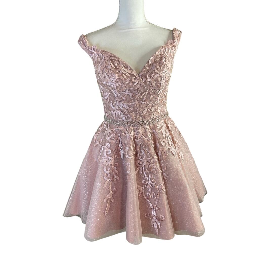 NWT Ellie Wilde Pink Off Shoulder Sparkle Tulle Prom Dress Size 8 - Picture 2 of 16